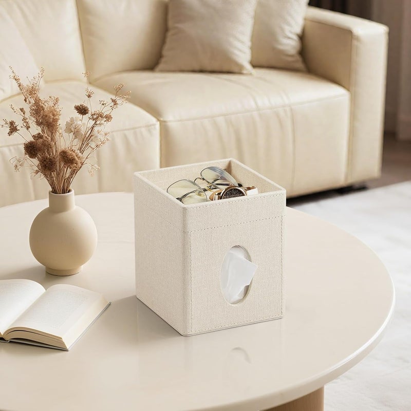 Cretkhp Tissue Box Cover, PU Leather Square Tissue Box Holder with Storage Tray for Bathroom Vanity Countertop Night Stands Bedroom Office Desk, Stylish Tissue Holder Decorative Organizer (Linen) - Image 2